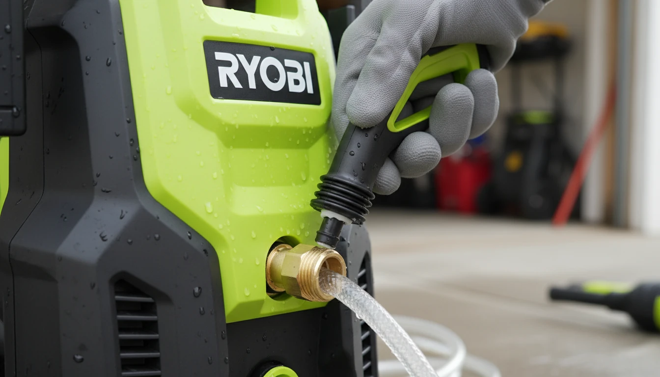 Close up of a hand attaching a pump saver nozzle to the water inlet of a green Ryobi electric pressure washer