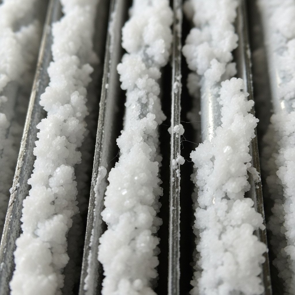 Close-up macro shot of a salt chlorinator cell with heavy white calcium carbonate scaling between the metal plates, showing the narrow gaps that need cleaning.