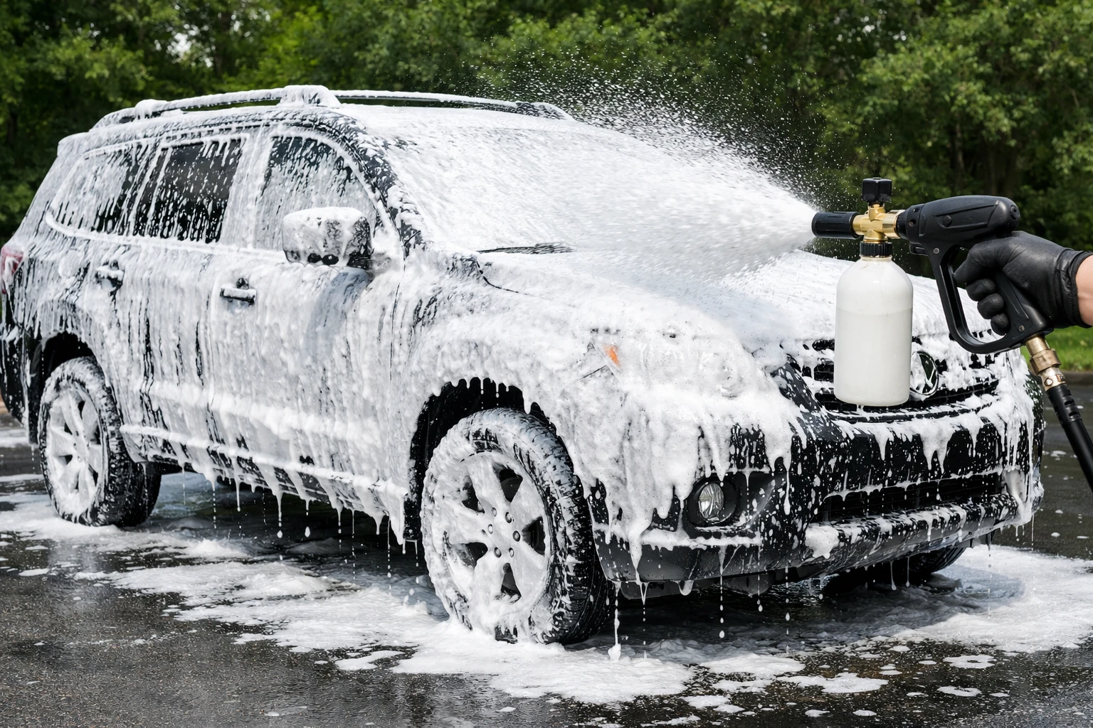 A black SUV being covered in thick white soap foam from a pressure washer foam cannon attachment
