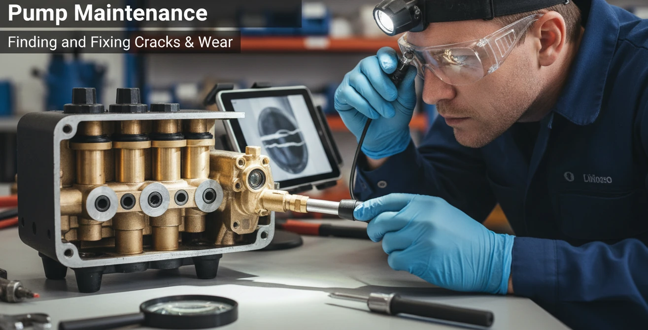 A technician inspecting the internal pump of a pressure washer for cracks and wear