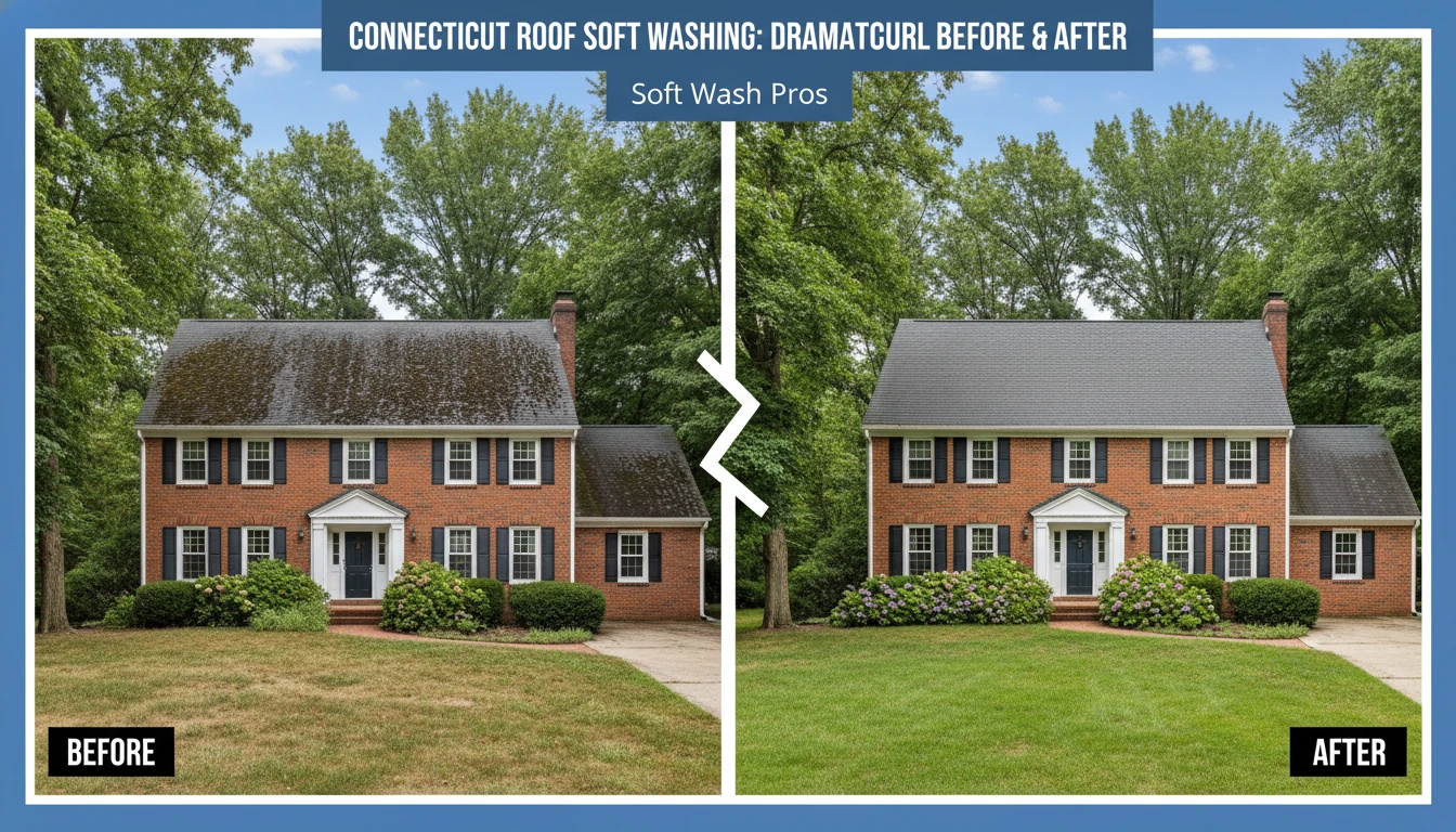 A before and after comparison of a Connecticut roof showing the dramatic improvement in curb appeal after soft washing