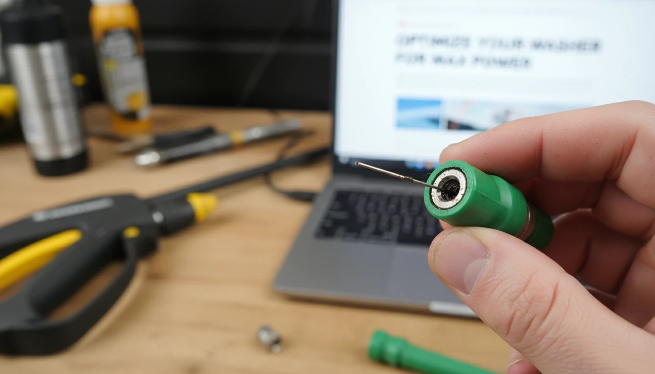 Close up of a person using a thin wire to clean a green 25-degree pressure washer spray tip