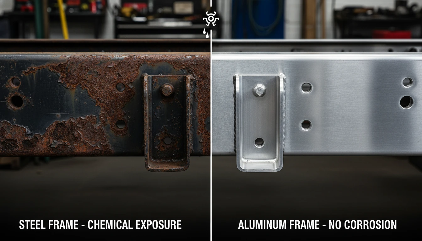 A split-screen comparison showing a heavily rusted steel truck frame on one side and a clean, silver aluminum frame on the other, illustrating the effects of chemical exposure.