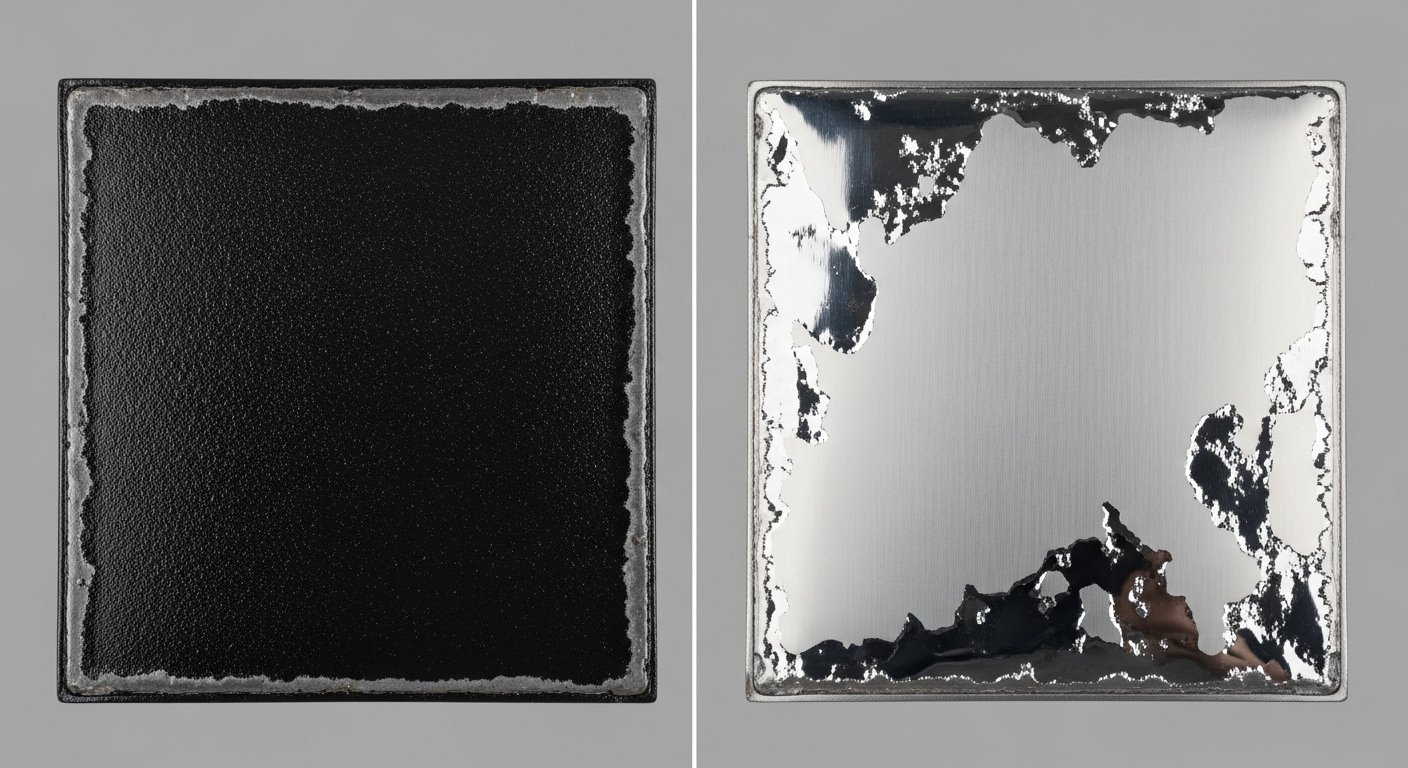 A side-by-side comparison showing a healthy salt cell plate with a dark coating versus a damaged plate with shiny silver titanium exposed.