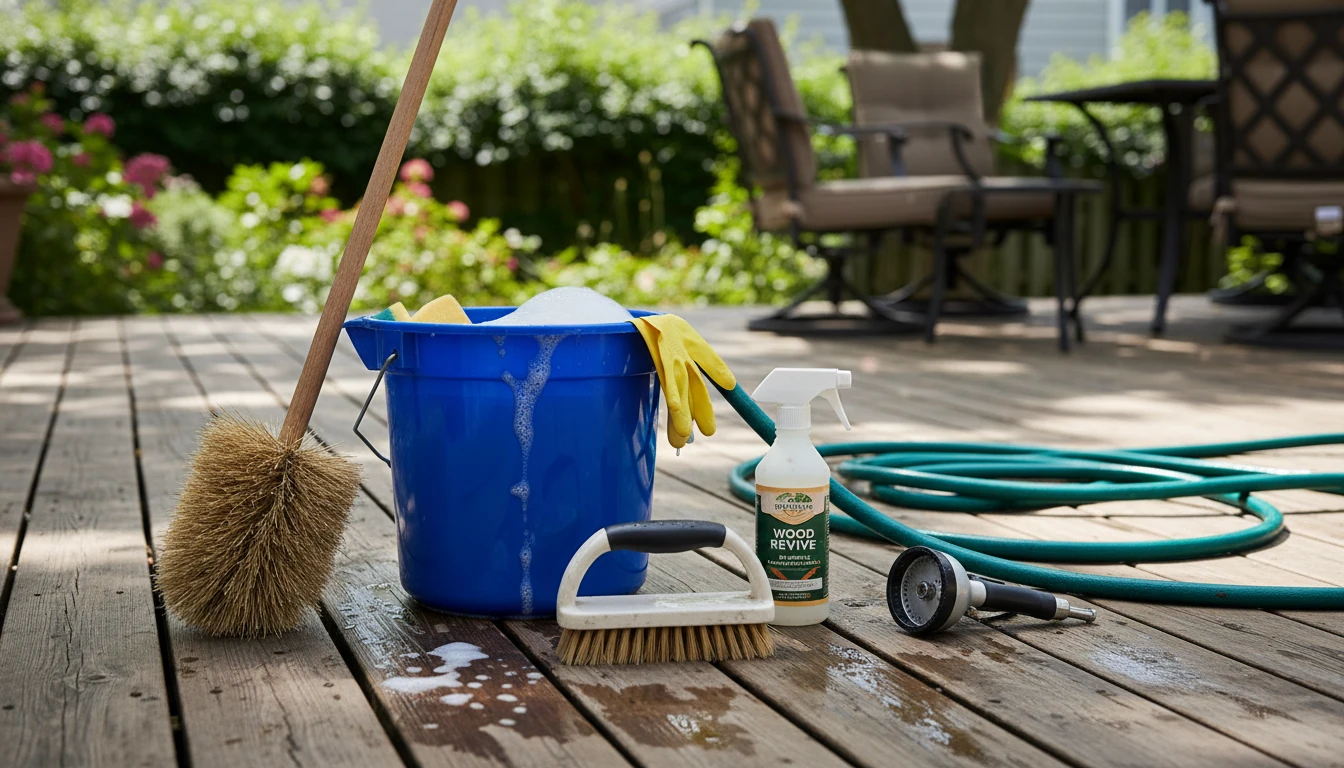 A collection of deck cleaning tools including a long-handled scrub brush, a garden hose with a spray nozzle, and a bucket of cleaning solution on a wooden deck