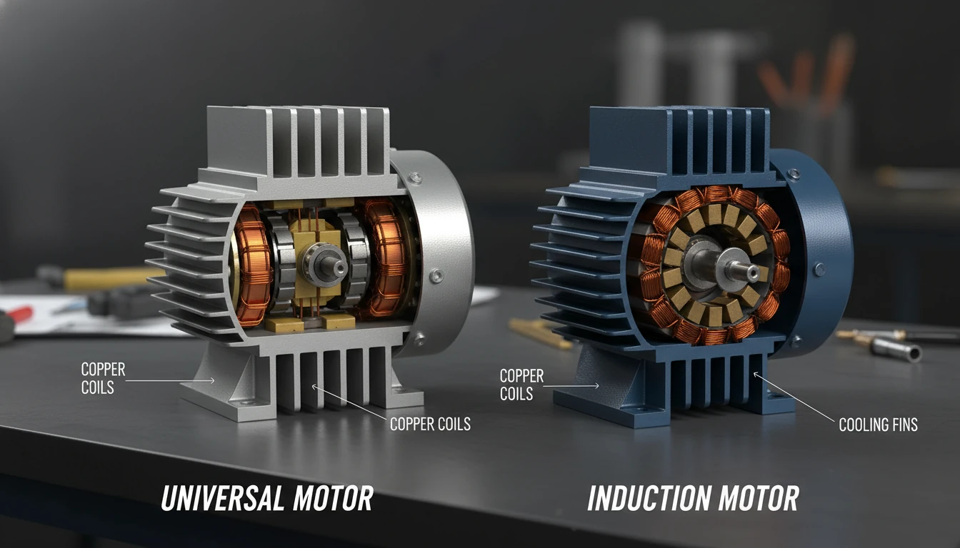 A cutaway diagram of a universal motor versus an induction motor used in pressure washers, highlighting the copper coils and cooling fins