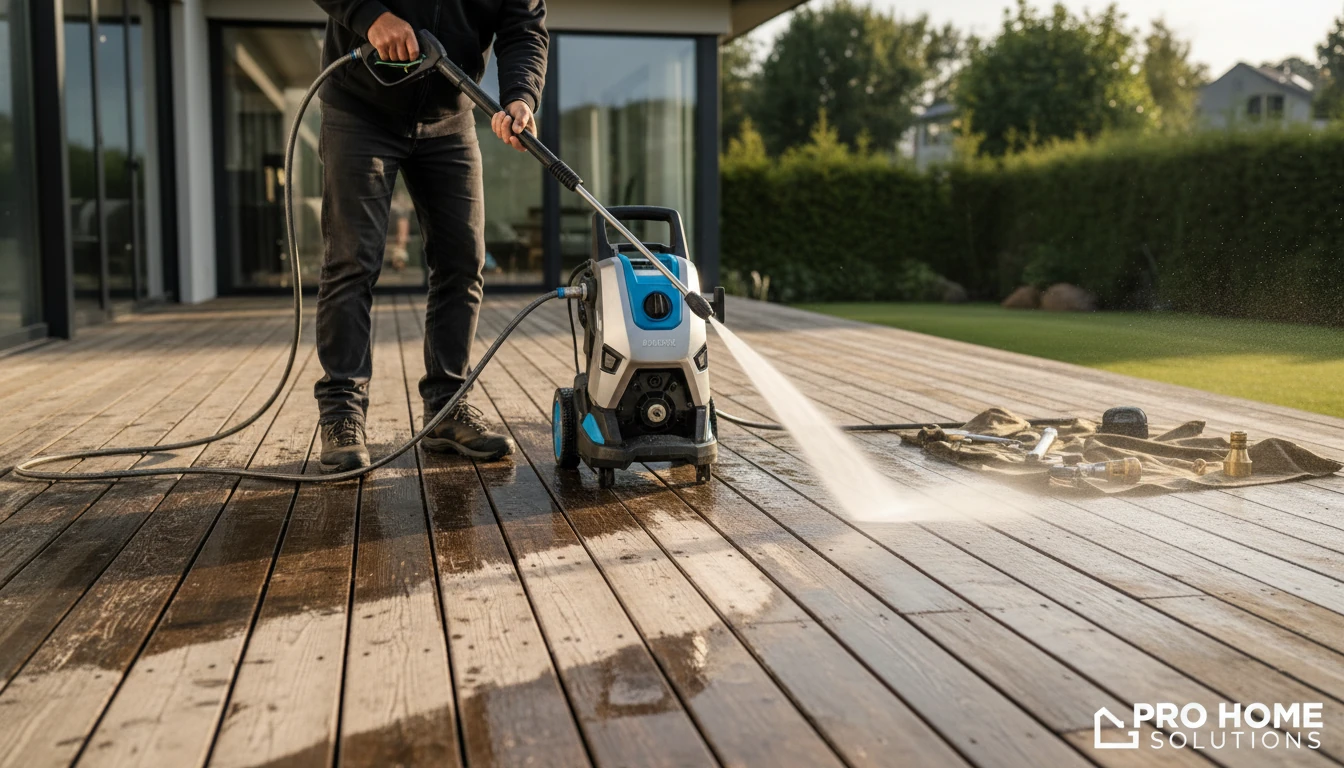 A professional contractor using a high-end electric pressure washer on a weathered wooden deck, showing a clear cleaning path and industrial hose connections
