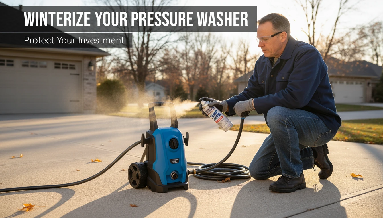 A homeowner preparing an electric pressure washer for winter storage on a driveway with a can of pump saver