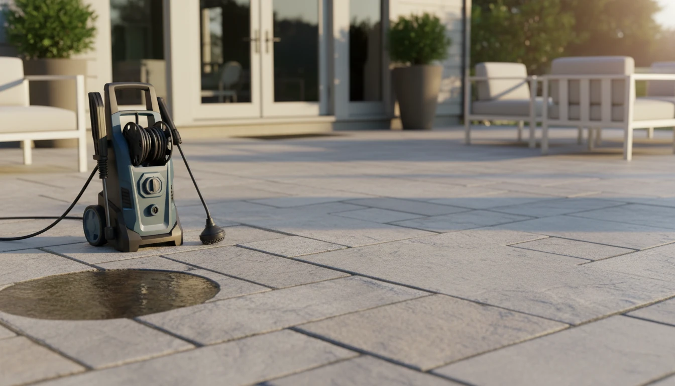 A perfectly cleaned stone patio with a modern electric pressure washer standing in the corner, highlighting the effective results of the cleaning