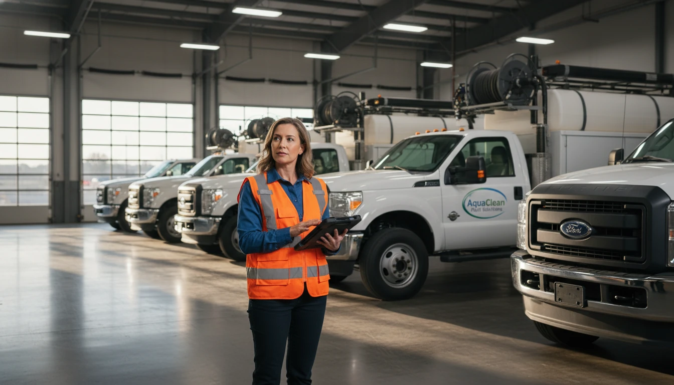 A professional fleet manager in a high-visibility vest holding a digital tablet and inspecting a row of new, identical pressure washing trucks.