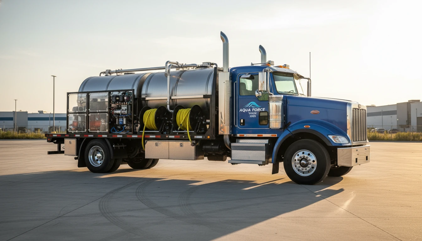 A professional 2026 heavy-duty pressure washing truck with a flatbed design, featuring dual chrome exhaust, large baffled water tanks, and high-pressure hose reels, parked on a clean industrial lot.
