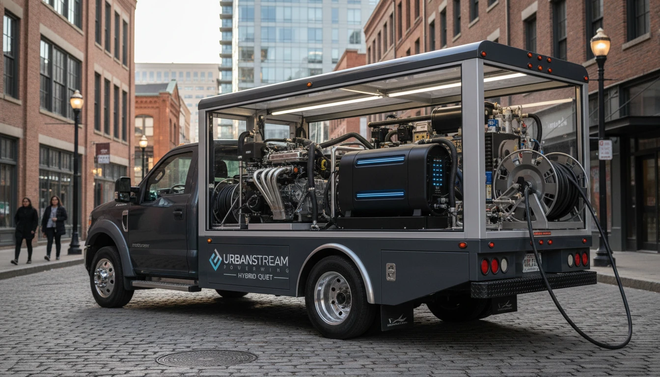 A modern pressure washing truck featuring both a large gas engine and a compact electric motor unit, designed for noise-sensitive urban environments.
