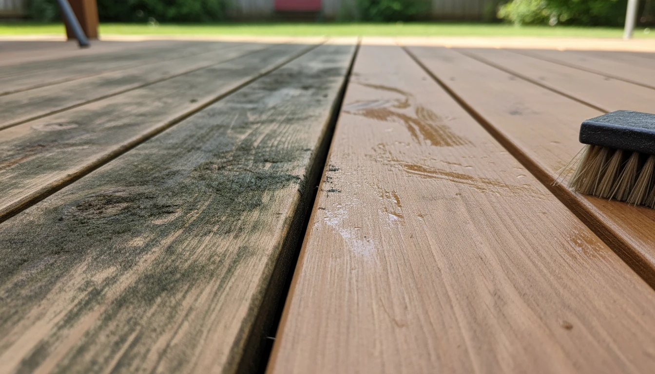 Close up of a wooden deck board showing the contrast between a moldy area and a freshly cleaned section