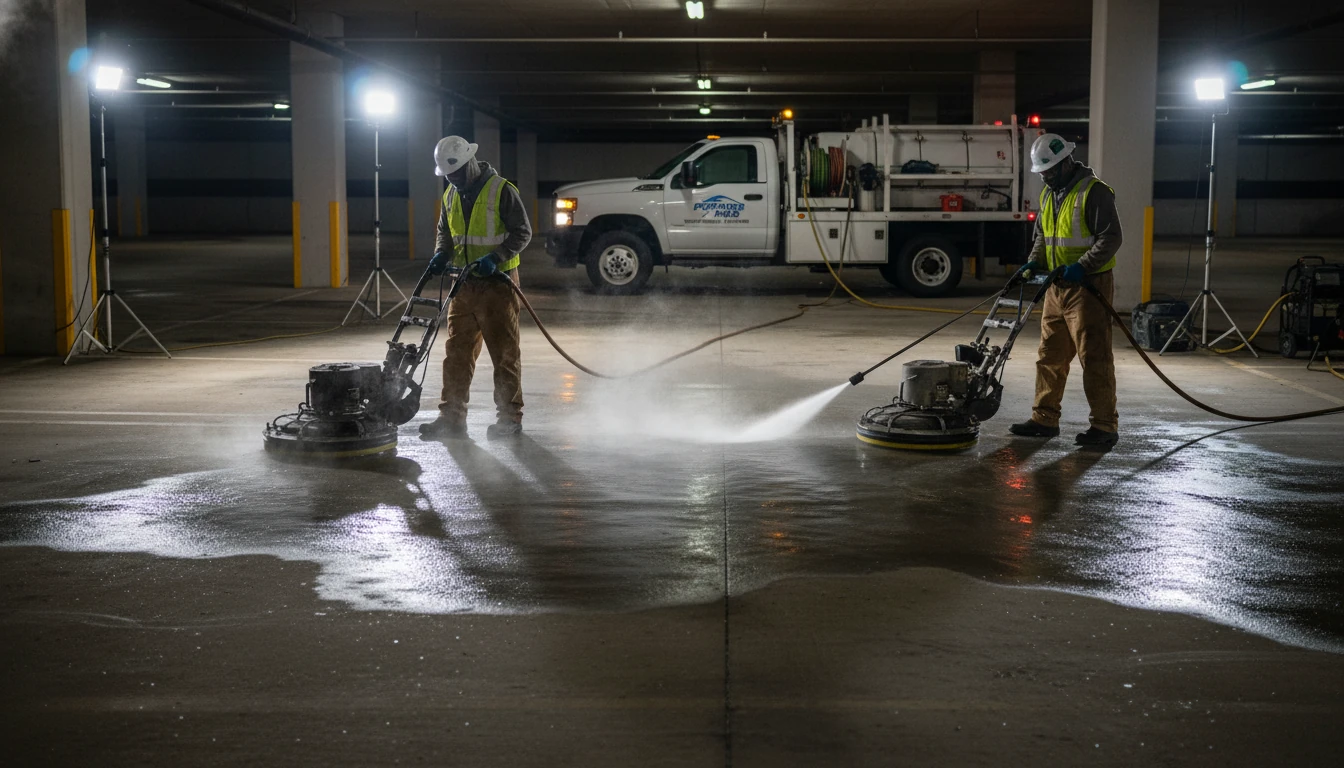 A night-time shot of a commercial cleaning crew using surface cleaners and hot water pressure washers to clean a stained concrete parking garage.