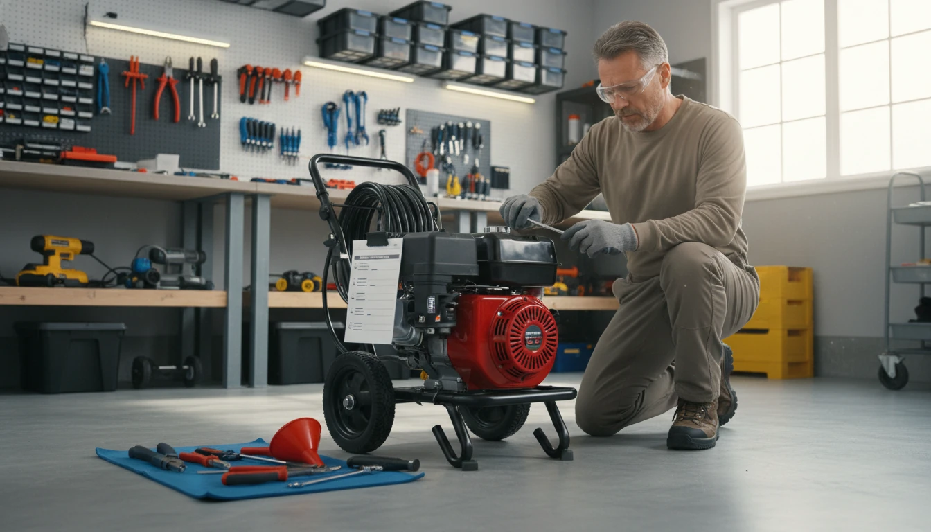 A homeowner performing a routine maintenance check on a gas-powered pressure washer in a clean garage workshop
