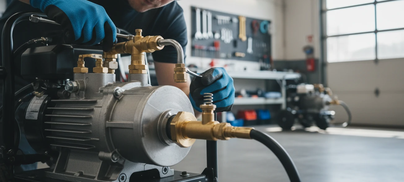 A technician inspecting the pump and thermal relief valve of a commercial pressure washer