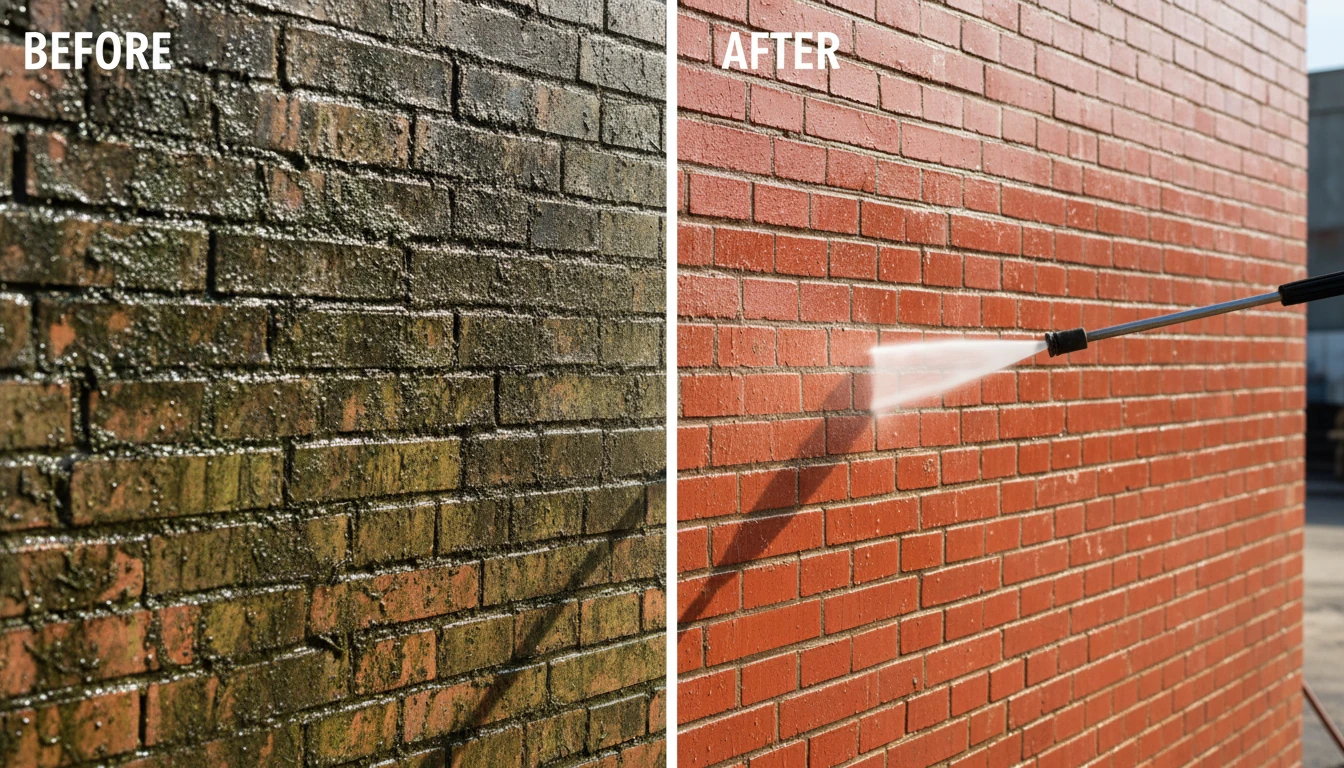A split screen showing a 'Before and After' of a moldy brick wall being transformed into bright red clean brick by a pressure washer.