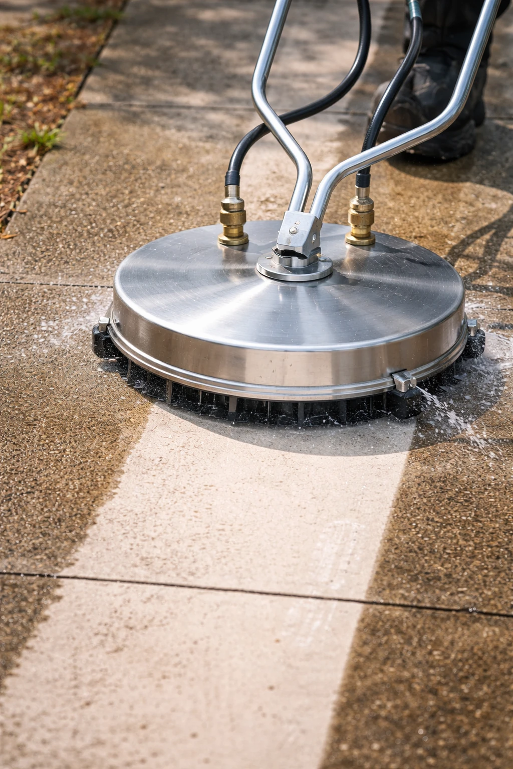 A close-up of a circular stainless steel surface cleaner being moved across a dirty sidewalk, leaving a perfectly clean path behind it.