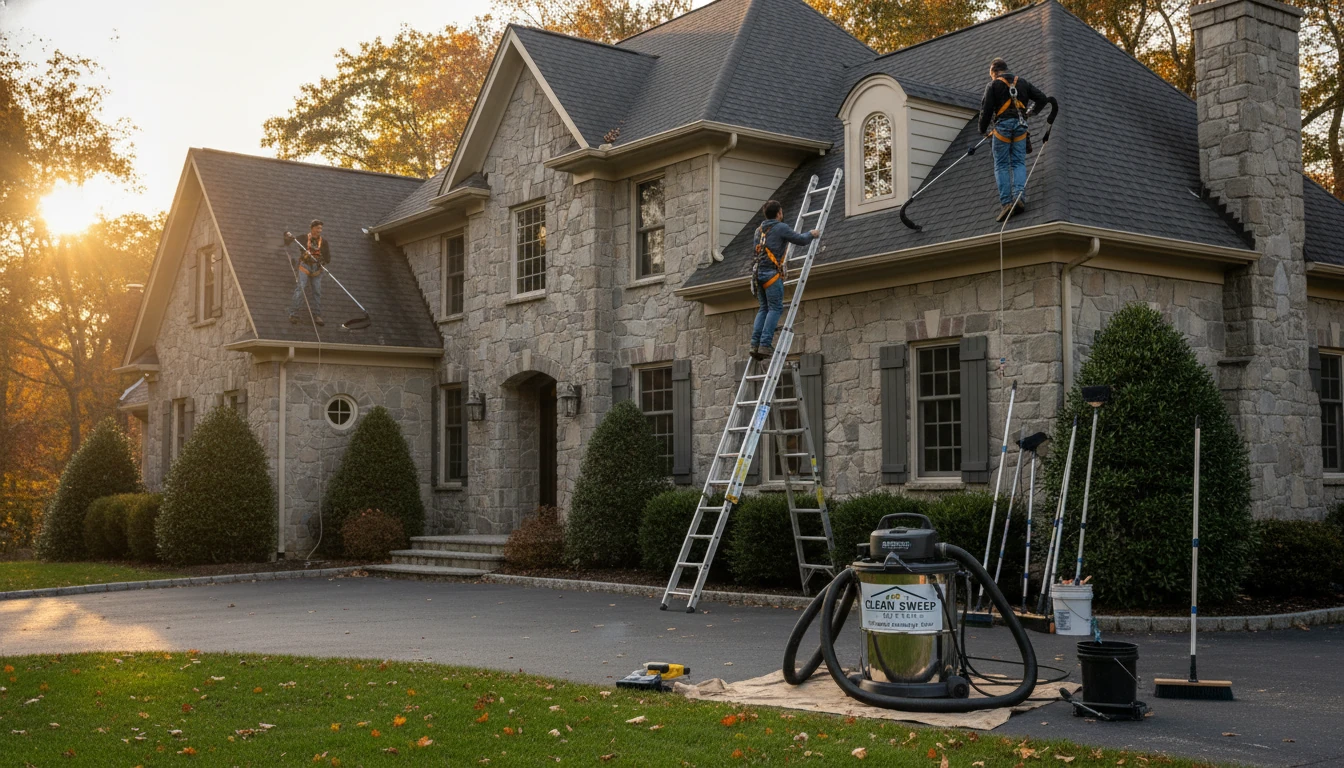 Professional gutter cleaning equipment including high-reach tools and safety gear being used on a Bergen County residence.