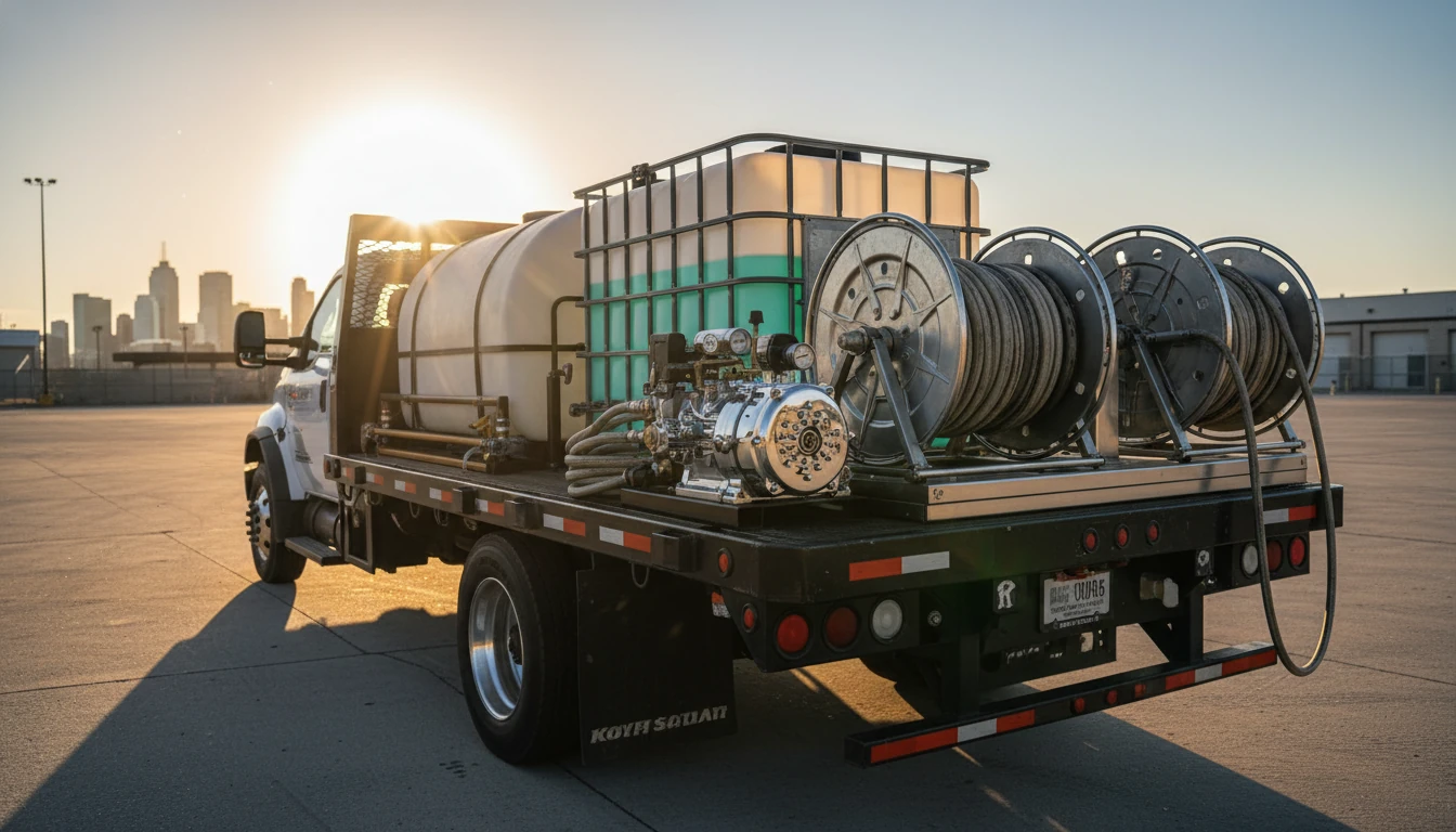 A high-end professional pressure washing rig mounted on a flatbed truck with dual hose reels, a large water tank, and a chrome-finished commercial grade pump engine in a sunset lighting.