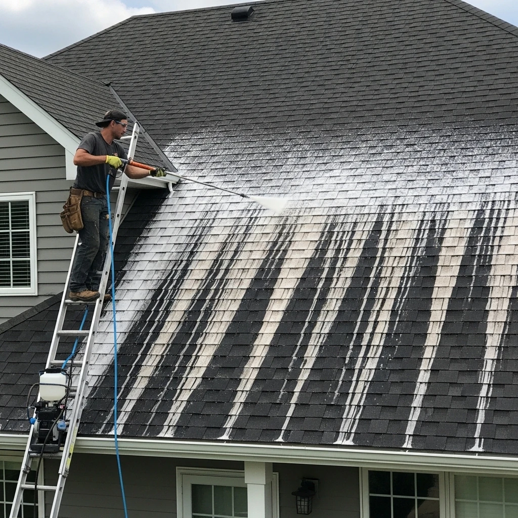 A technician on a ladder using a soft-wash system to apply a cleaning solution to a dark-colored shingle roof, showing the white foam neutralizing the black streaks of Gloeocapsa magma.