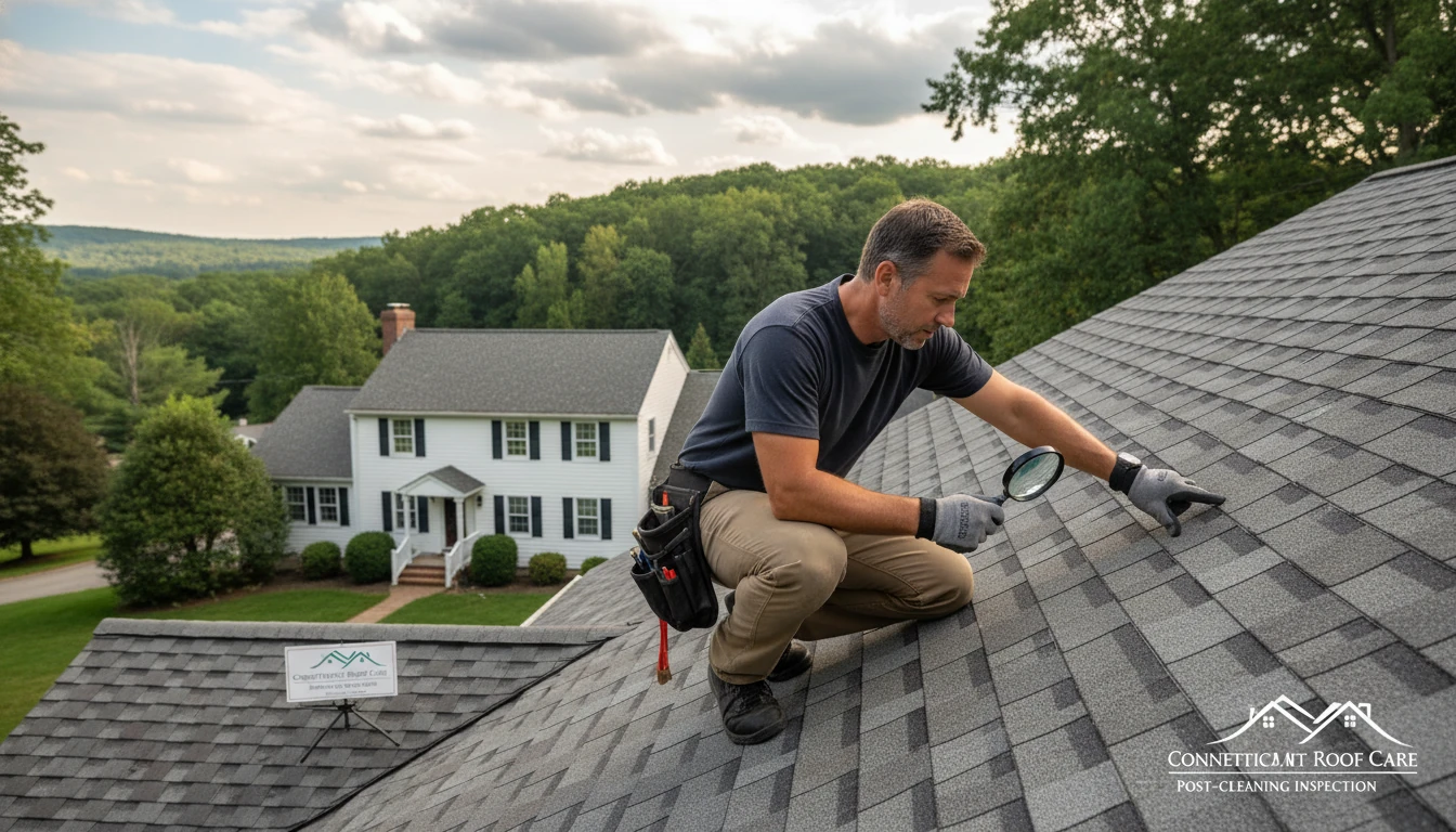 A roofing expert inspecting the integrity of shingles after a professional cleaning service in Connecticut