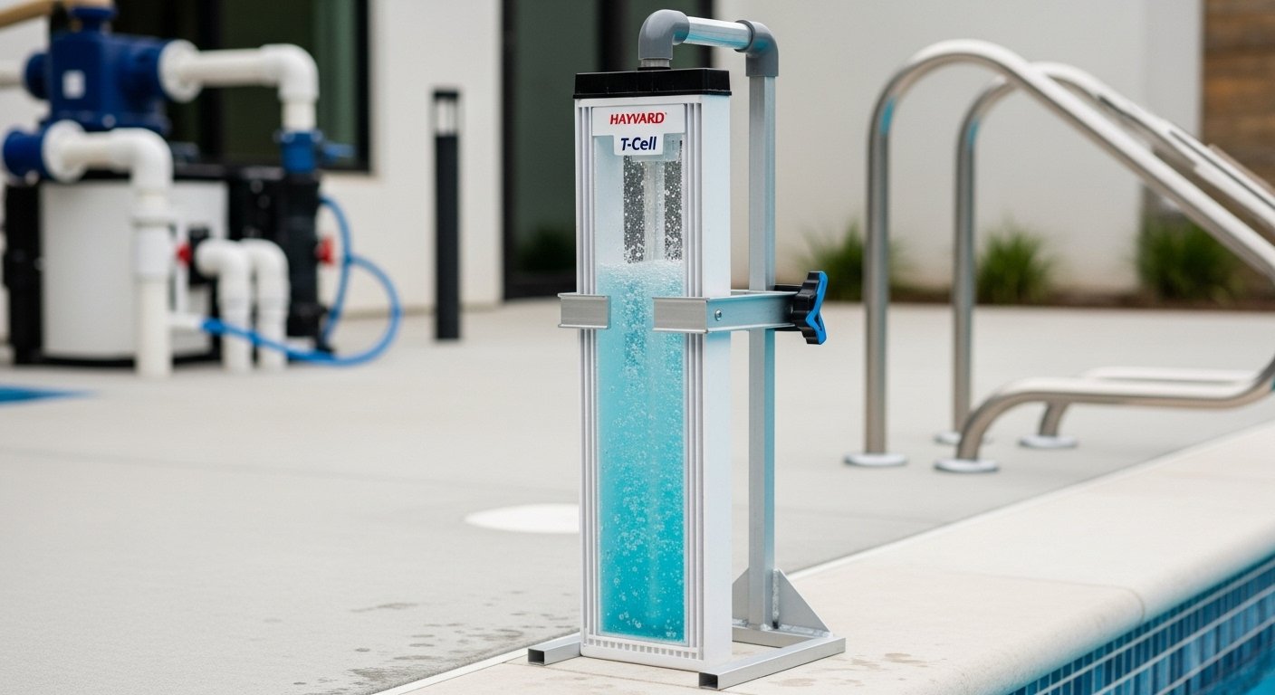 A professional salt cell cleaning stand attached to a Hayward T-Cell, with the cell standing upright and filled with a bubbling mild acid solution.