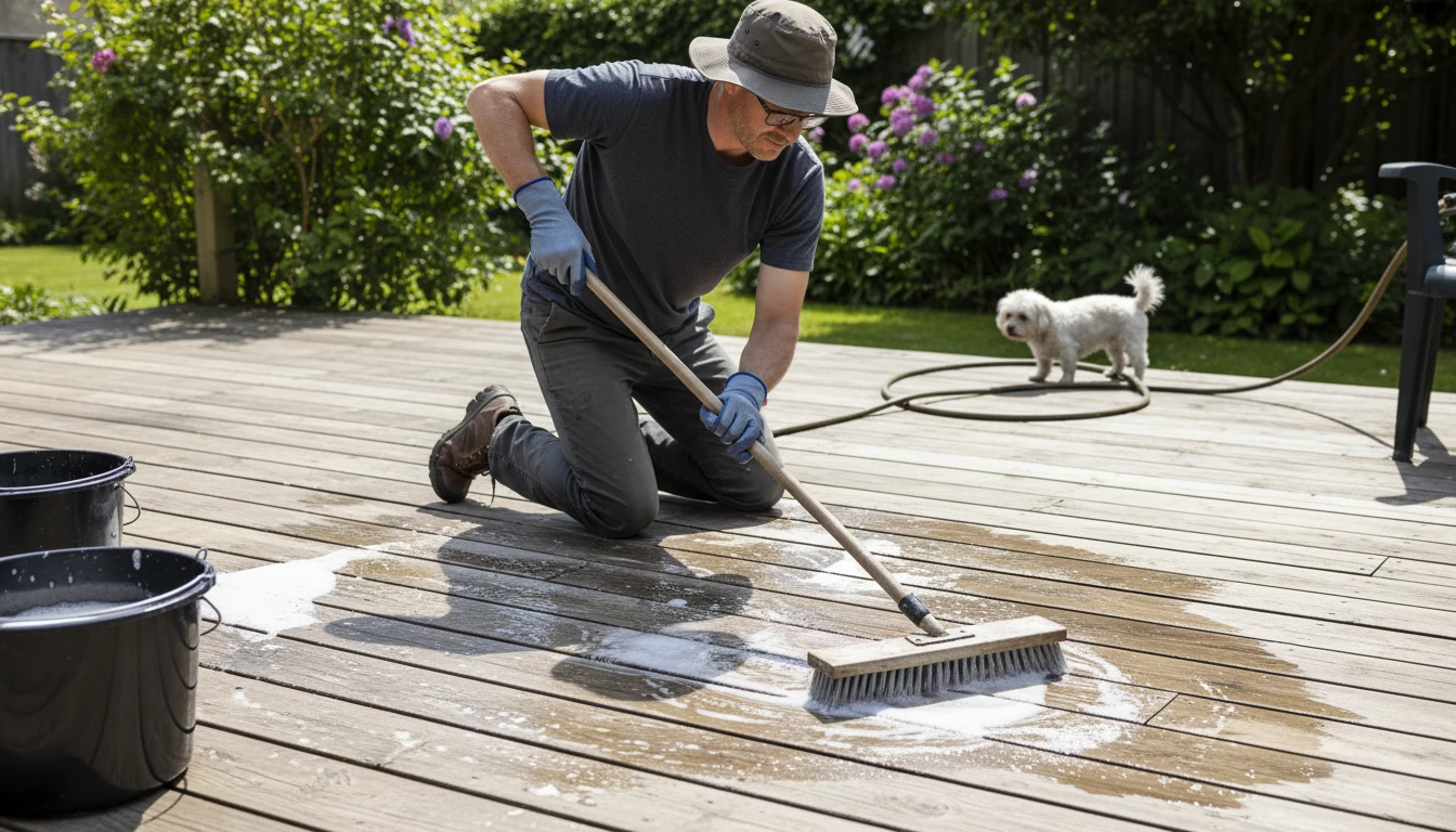 A homeowner using a long-handled scrub brush to clean a wood deck section by section with soapy water