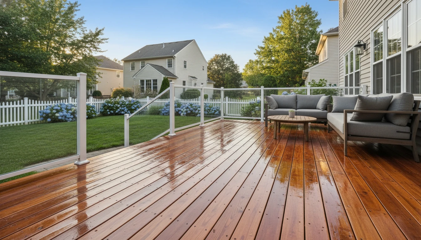 A beautifully cleaned and freshly stained cedar deck reflecting the sunlight in a suburban US backyard