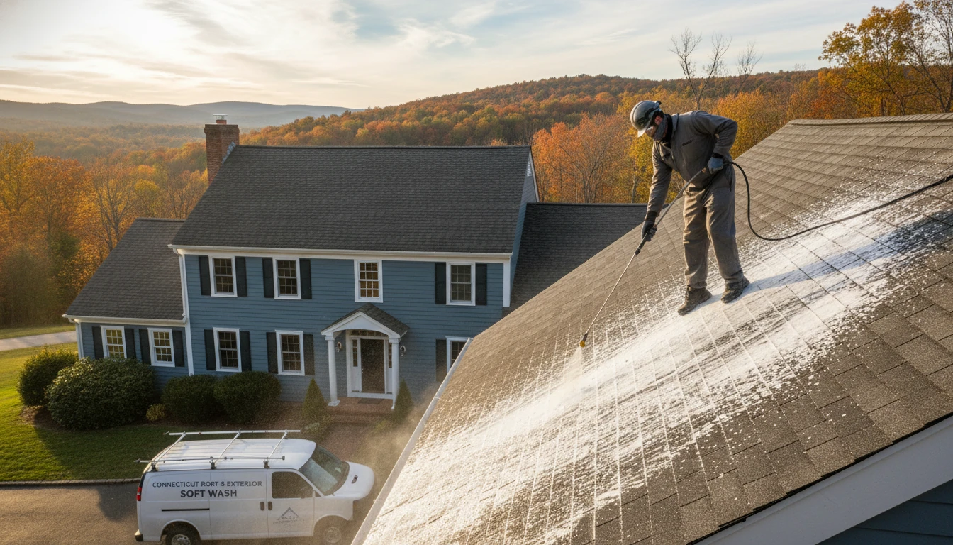Professional technician applying a gentle soft wash chemical solution to a residential roof in Connecticut