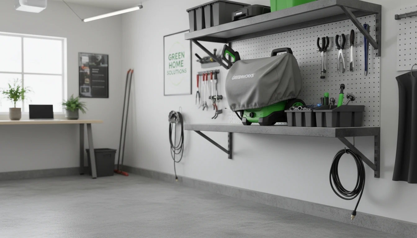 A Greenworks electric pressure washer stored neatly on a shelf in a clean garage with a cover