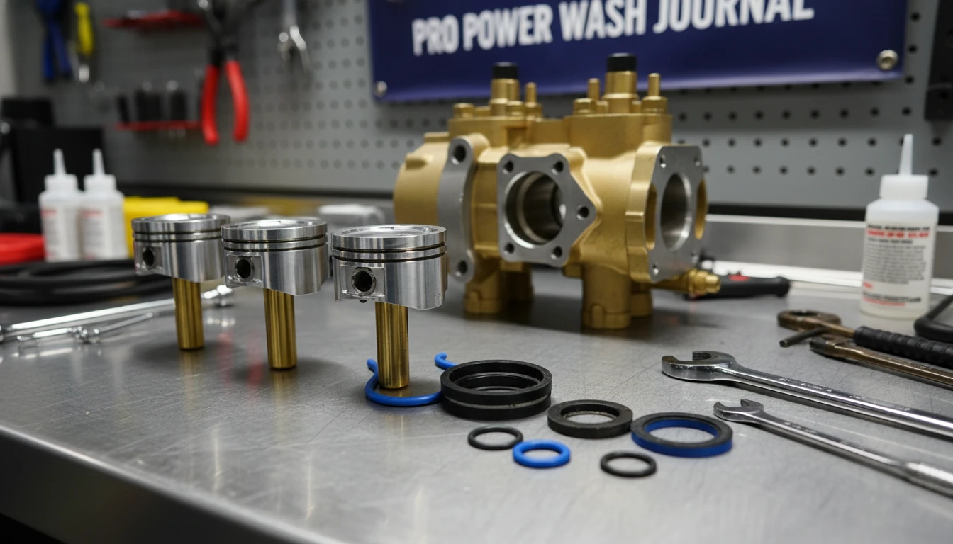 A detailed macro shot of a disassembled triplex pressure washer pump showing brass pistons and rubber seals on a clean workbench with professional tools.
