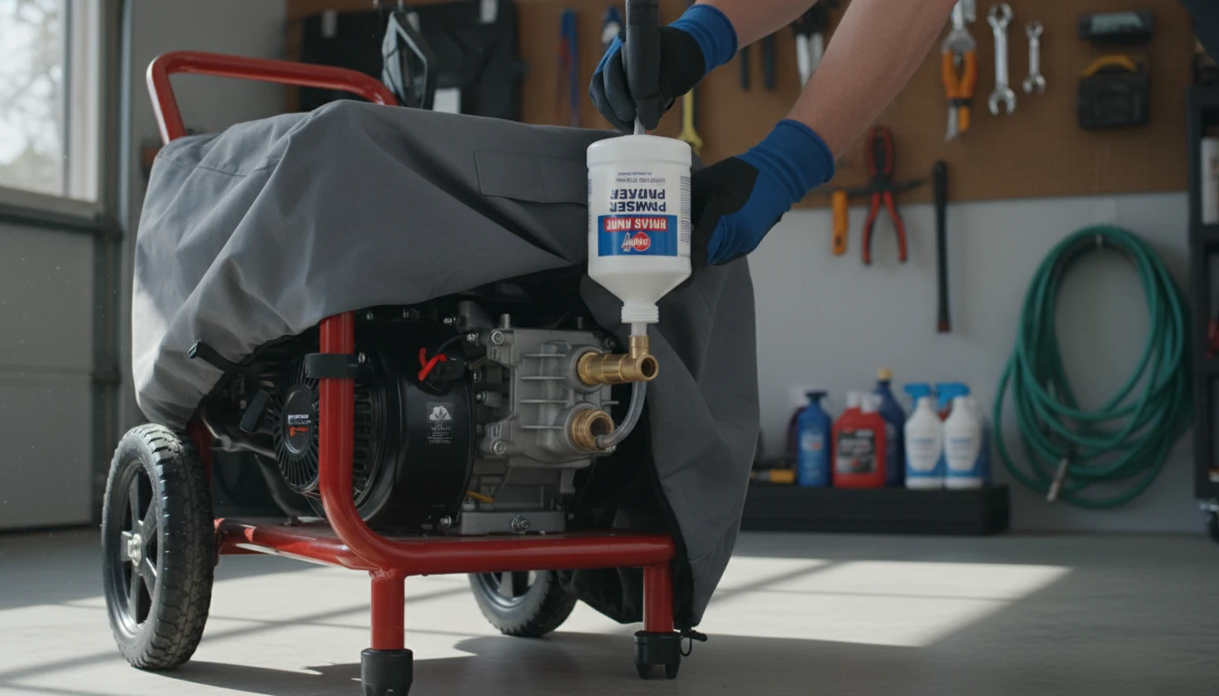 A person attaching a bottle of pump saver to the water inlet of a pressure washer for winter storage